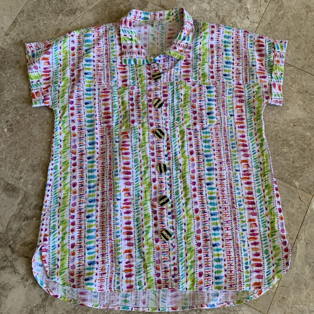 John Mark Women's Colorful Dot Print‎ Button Front Camp Shirt Sz S ShortSleeve